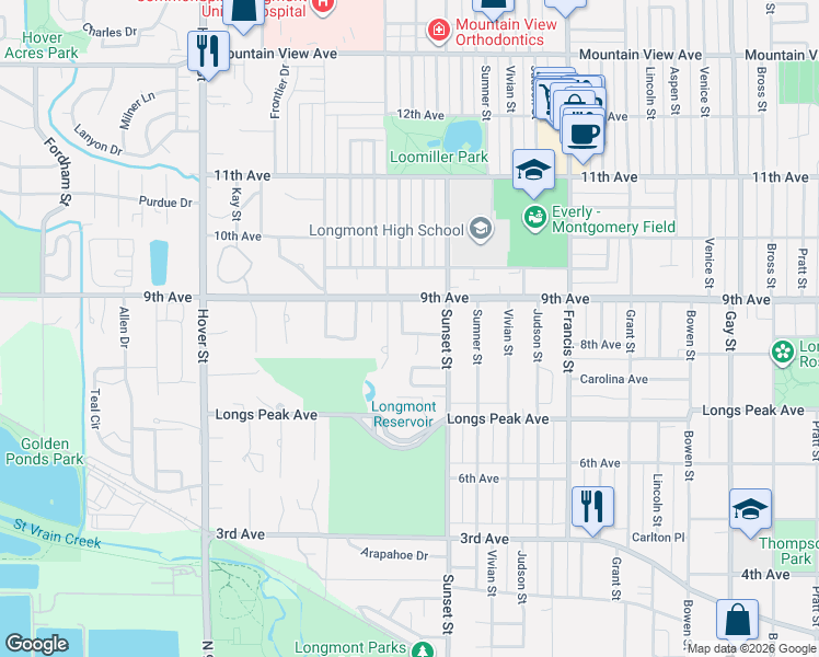 map of restaurants, bars, coffee shops, grocery stores, and more near 840 Faith Court in Longmont