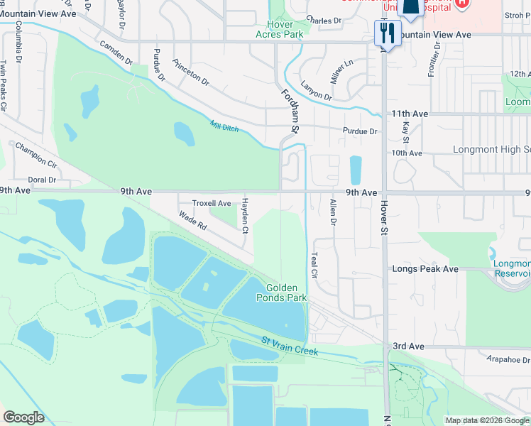 map of restaurants, bars, coffee shops, grocery stores, and more near 2703 9th Avenue in Longmont