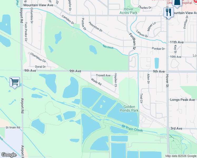 map of restaurants, bars, coffee shops, grocery stores, and more near 810 Wade Road in Longmont