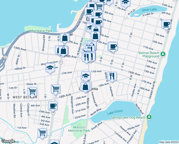 map of restaurants, bars, coffee shops, grocery stores, and more near 1701 E Street in Lake Como