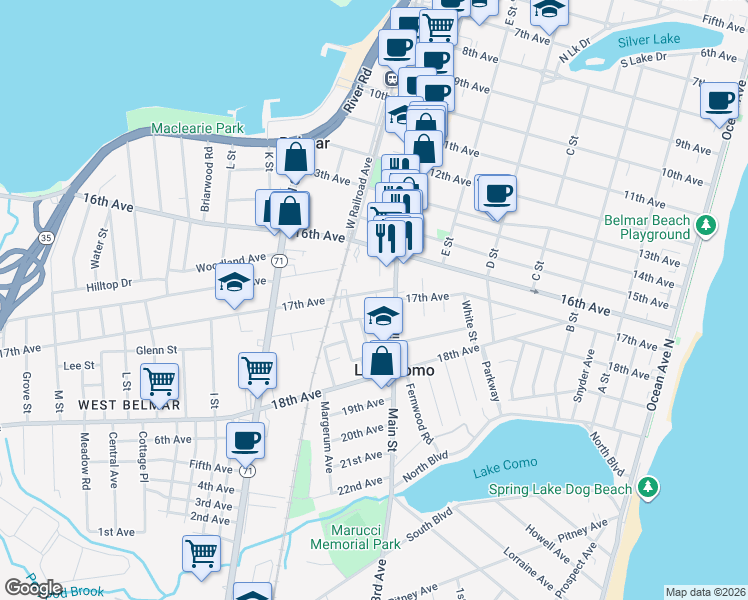 map of restaurants, bars, coffee shops, grocery stores, and more near 703 17th Avenue in Belmar