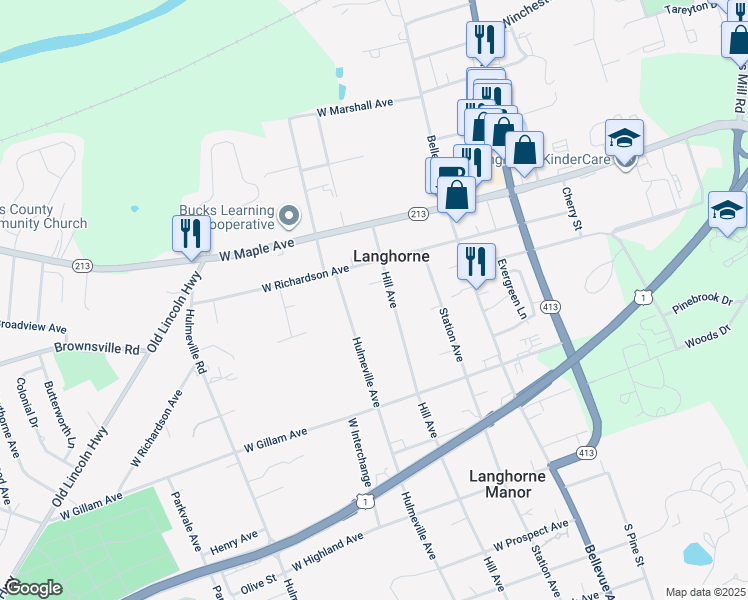 map of restaurants, bars, coffee shops, grocery stores, and more near 300 1/2 Hill Avenue in Langhorne