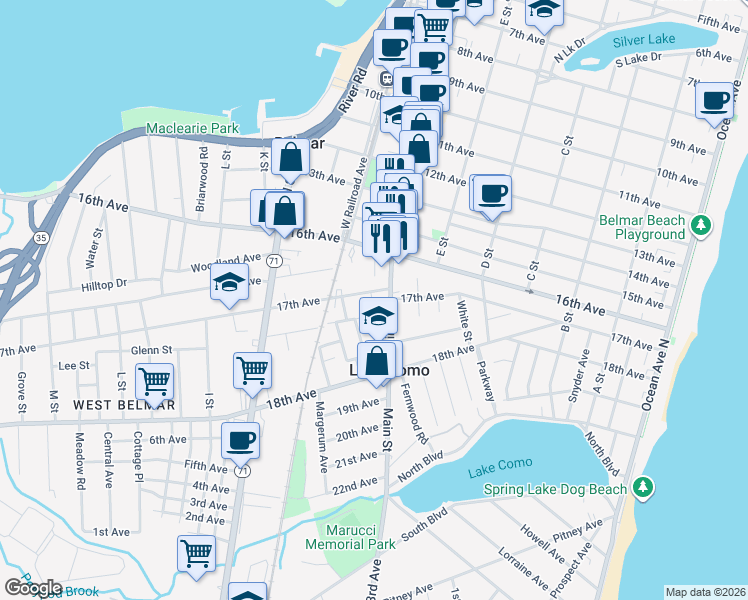 map of restaurants, bars, coffee shops, grocery stores, and more near 703 17th Avenue in Belmar