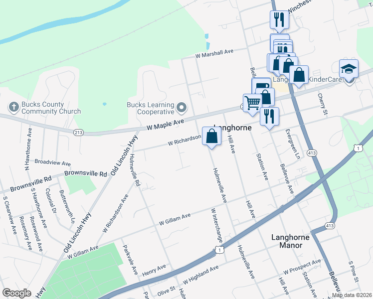 map of restaurants, bars, coffee shops, grocery stores, and more near 401 Robin Circle in Langhorne