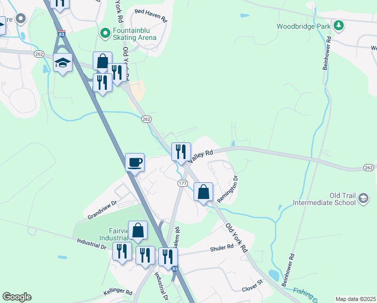 map of restaurants, bars, coffee shops, grocery stores, and more near 594 Old York Rd in Etters