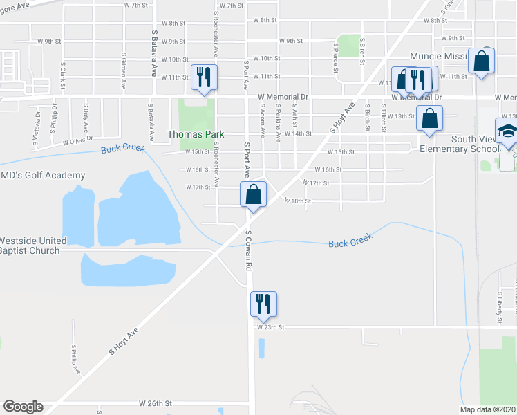 map of restaurants, bars, coffee shops, grocery stores, and more near 2525 South Hoyt Avenue in Muncie