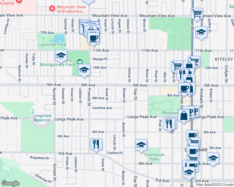 map of restaurants, bars, coffee shops, grocery stores, and more near 826 Lincoln Street in Longmont