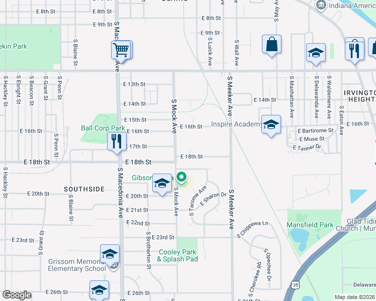 map of restaurants, bars, coffee shops, grocery stores, and more near 2110 East 18th Street in Muncie
