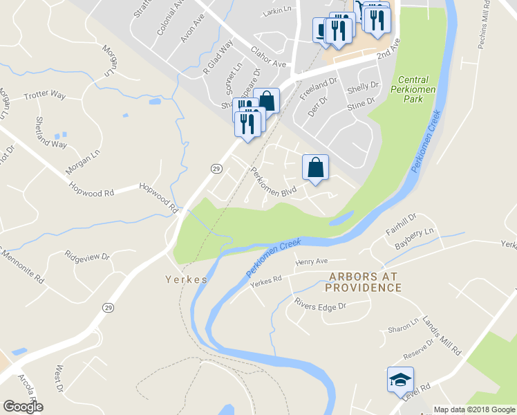 map of restaurants, bars, coffee shops, grocery stores, and more near 126 Honeylocust Court in Collegeville
