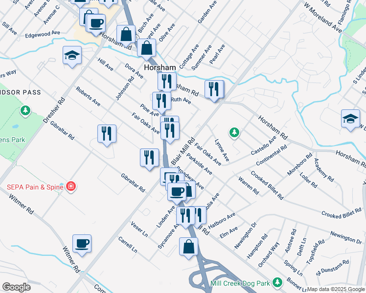 map of restaurants, bars, coffee shops, grocery stores, and more near 456 Blair Mill Road in Hatboro