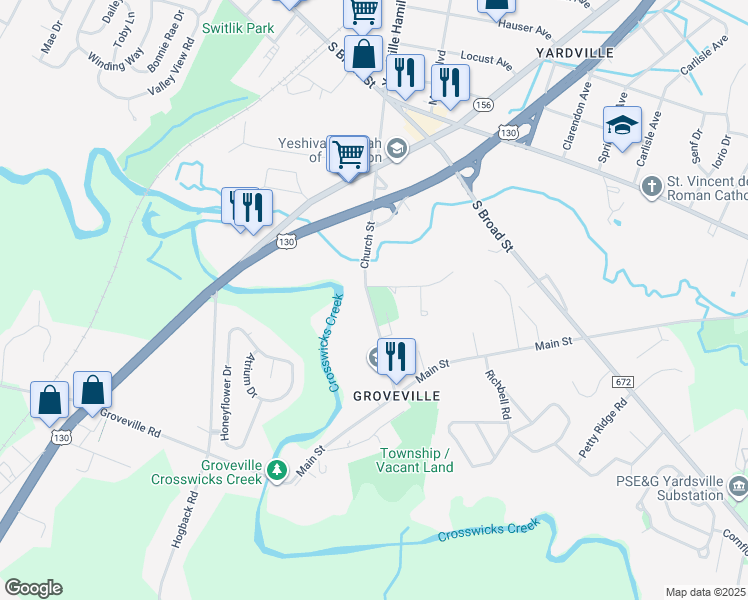 map of restaurants, bars, coffee shops, grocery stores, and more near 340 Church Street in Hamilton Township