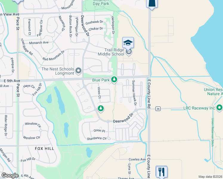 map of restaurants, bars, coffee shops, grocery stores, and more near K 61-66 Summer Hawk Drive in Longmont