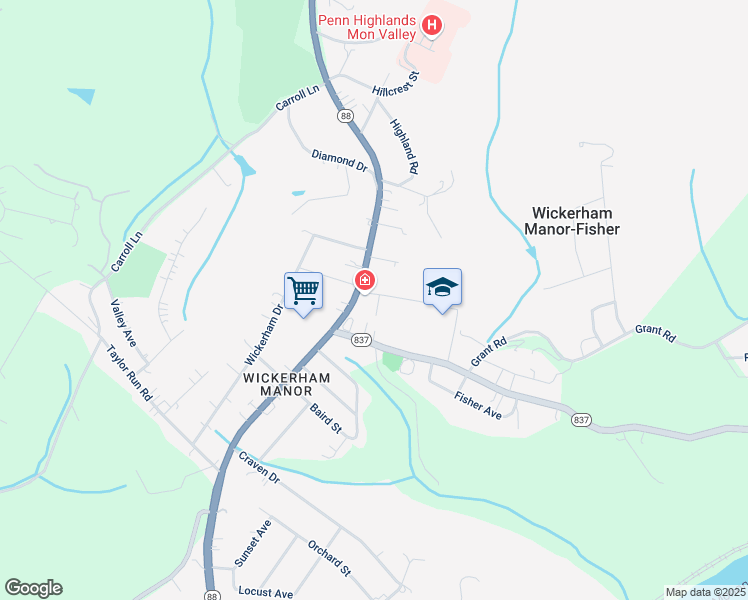 map of restaurants, bars, coffee shops, grocery stores, and more near 104 Alexander Street in Monongahela