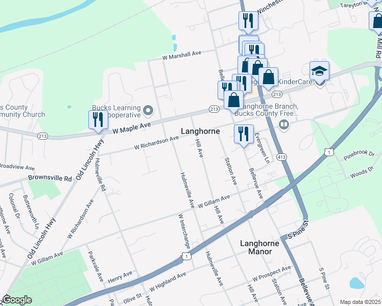 map of restaurants, bars, coffee shops, grocery stores, and more near 300 1/2 Hill Avenue in Langhorne
