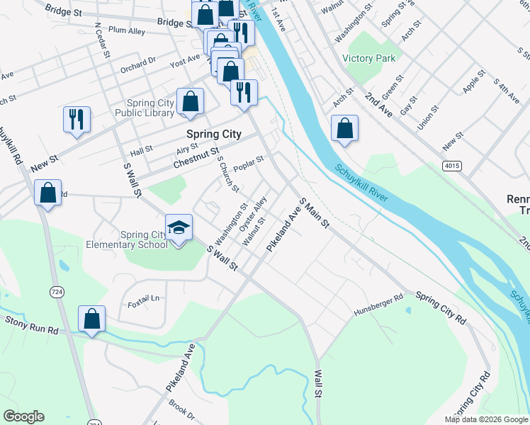 map of restaurants, bars, coffee shops, grocery stores, and more near 201 Walnut Street in Spring City