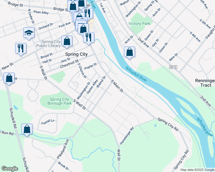 map of restaurants, bars, coffee shops, grocery stores, and more near 129 Pikeland Avenue in Spring City