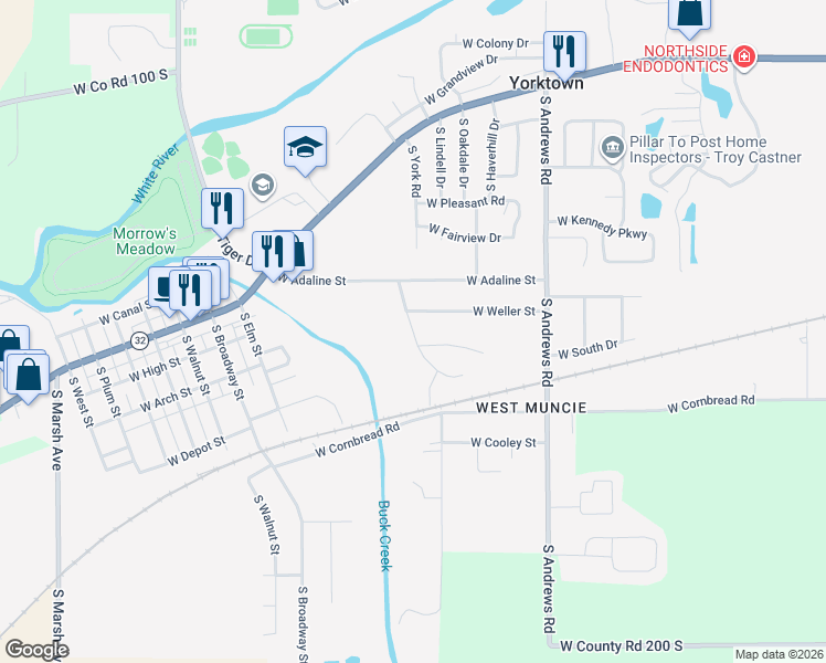 map of restaurants, bars, coffee shops, grocery stores, and more near Russ Street in Yorktown