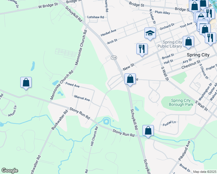 map of restaurants, bars, coffee shops, grocery stores, and more near 120 Linden Drive in Spring City