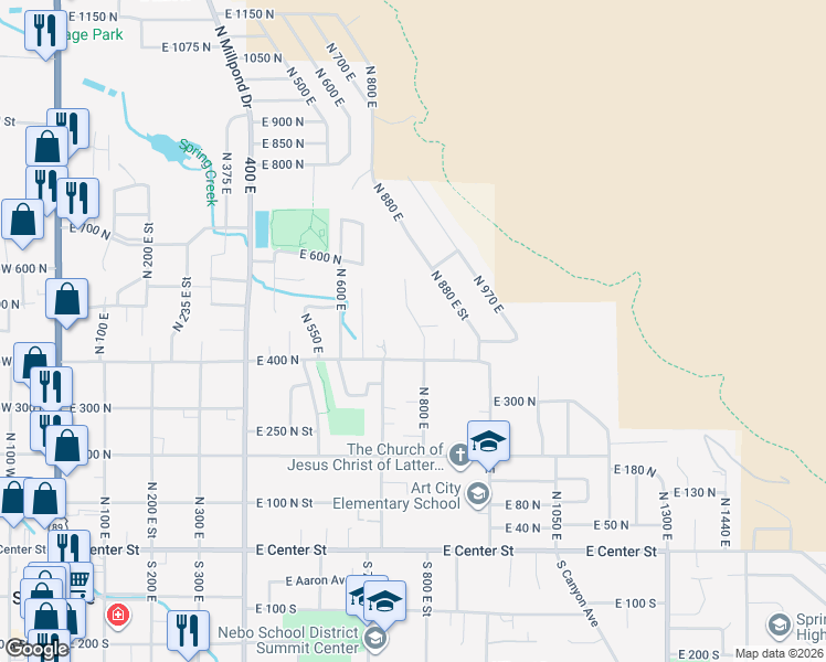 map of restaurants, bars, coffee shops, grocery stores, and more near 485 North 800 East in Springville