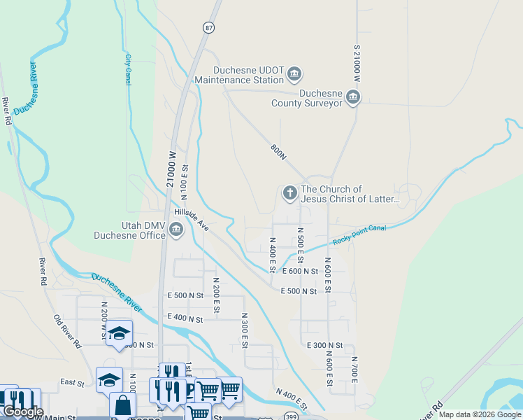 map of restaurants, bars, coffee shops, grocery stores, and more near 313 East 800 North in Duchesne