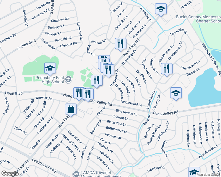 map of restaurants, bars, coffee shops, grocery stores, and more near 428 Thornridge Drive in Levittown