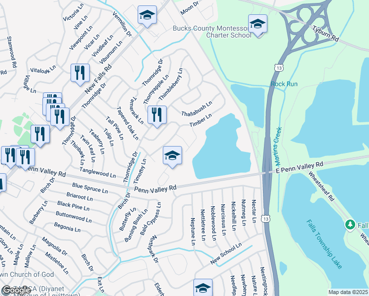 map of restaurants, bars, coffee shops, grocery stores, and more near 1 Tree Lane in Levittown