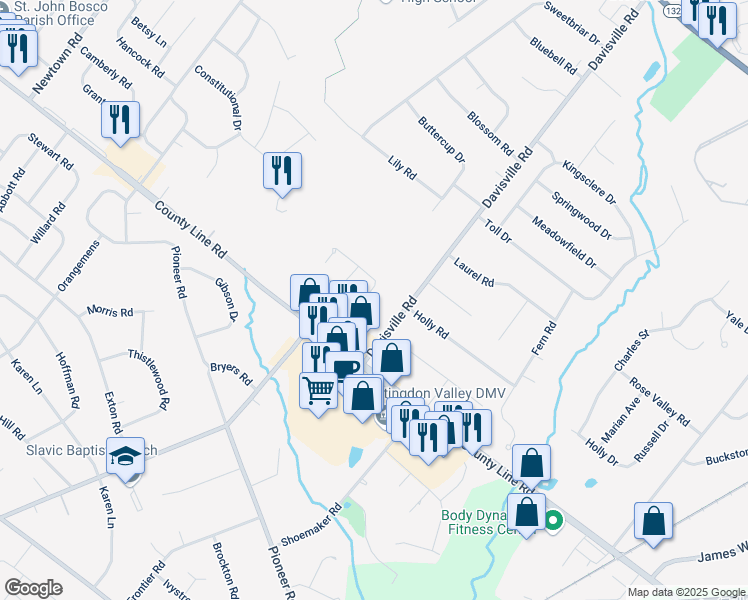 map of restaurants, bars, coffee shops, grocery stores, and more near 360 Roarks Trail in Warminster