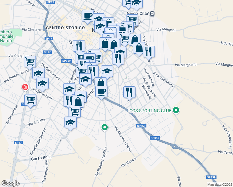 map of restaurants, bars, coffee shops, grocery stores, and more near 43 Viale della Libertà in Nardò