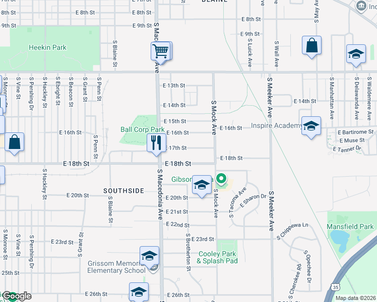 map of restaurants, bars, coffee shops, grocery stores, and more near 1905 East 17th Street in Muncie