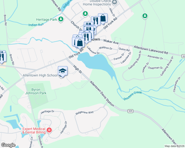 map of restaurants, bars, coffee shops, grocery stores, and more near 64 County Road 539 in Allentown
