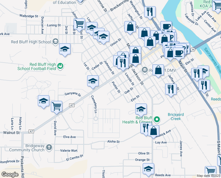 map of restaurants, bars, coffee shops, grocery stores, and more near 1140 Pine Street in Red Bluff