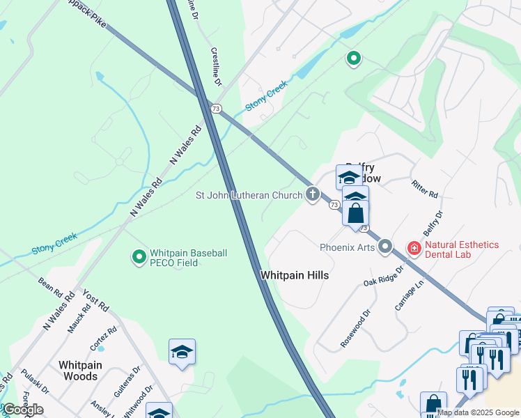 map of restaurants, bars, coffee shops, grocery stores, and more near 925 Ashford Lane in Blue Bell