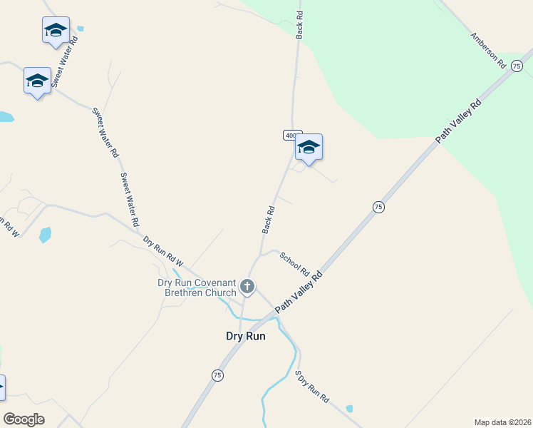 map of restaurants, bars, coffee shops, grocery stores, and more near 19039 Back Road in Dry Run