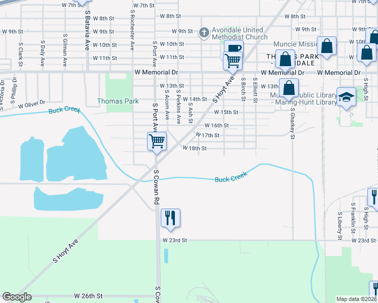 map of restaurants, bars, coffee shops, grocery stores, and more near 1421 W 18th St in Muncie