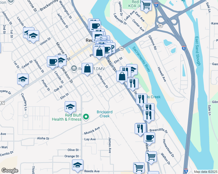 map of restaurants, bars, coffee shops, grocery stores, and more near 443 Ash St in Red Bluff
