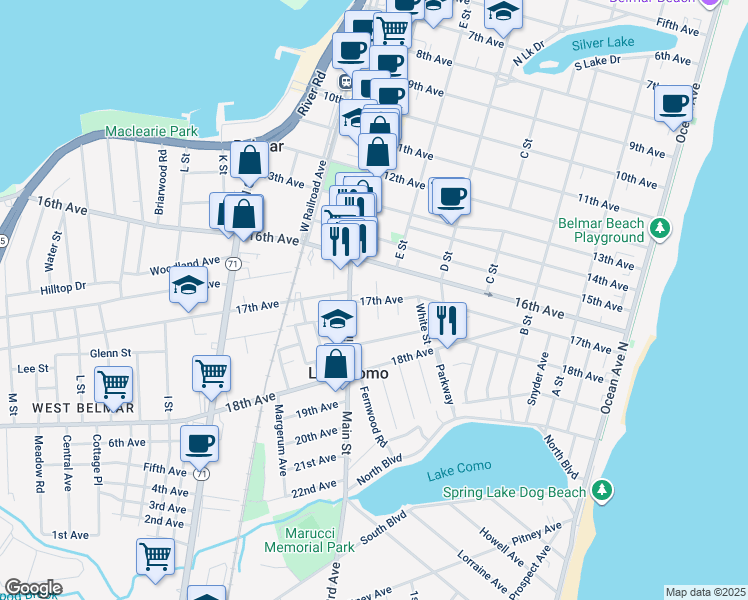map of restaurants, bars, coffee shops, grocery stores, and more near 1701 E Street in Lake Como
