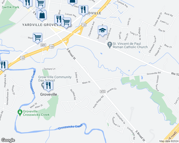 map of restaurants, bars, coffee shops, grocery stores, and more near 4950 South Broad Street in Trenton