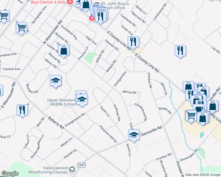 map of restaurants, bars, coffee shops, grocery stores, and more near 232 Silvestri Drive in Hatboro