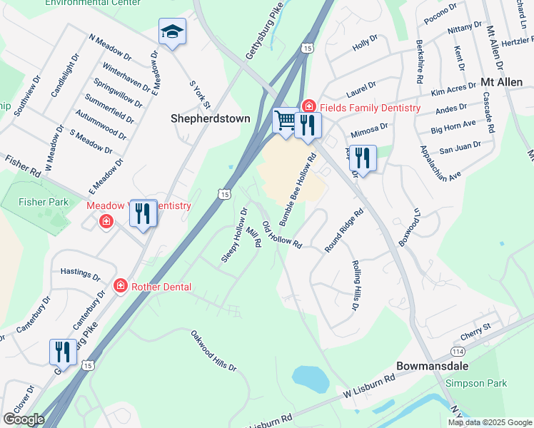 map of restaurants, bars, coffee shops, grocery stores, and more near 2250 Bumble Bee Hollow Road in Mechanicsburg