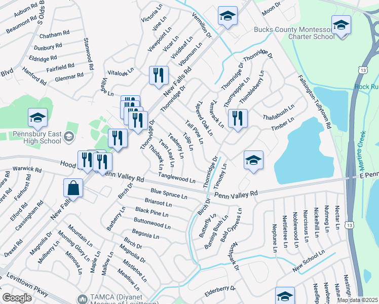 map of restaurants, bars, coffee shops, grocery stores, and more near 33 Tulip Lane in Levittown
