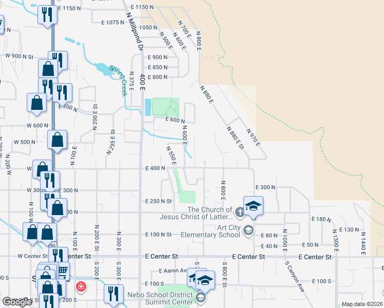 map of restaurants, bars, coffee shops, grocery stores, and more near 645 East 400 North in Springville