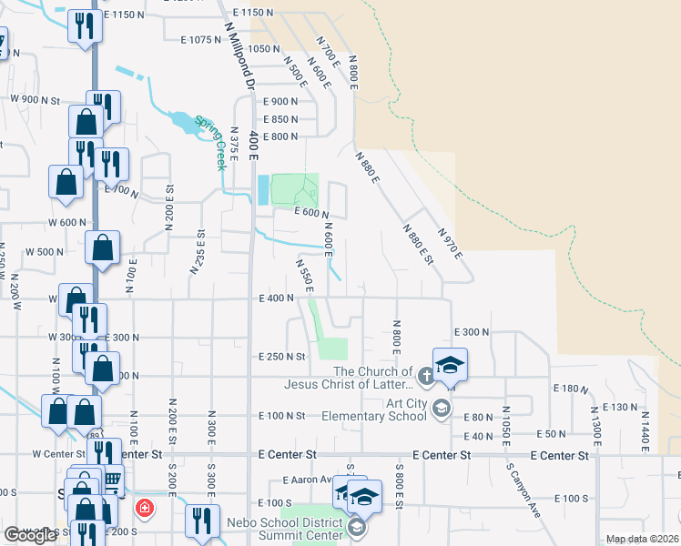map of restaurants, bars, coffee shops, grocery stores, and more near 437 North 650 East Street in Springville