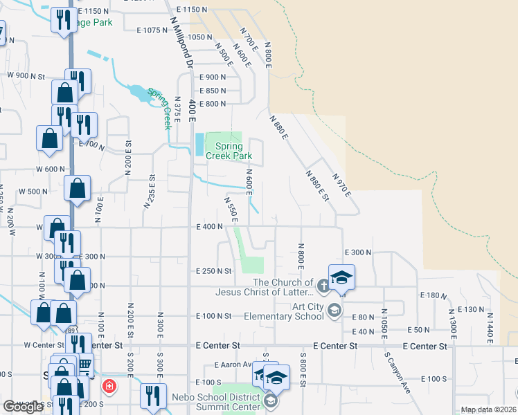 map of restaurants, bars, coffee shops, grocery stores, and more near 645 East 400 North in Springville