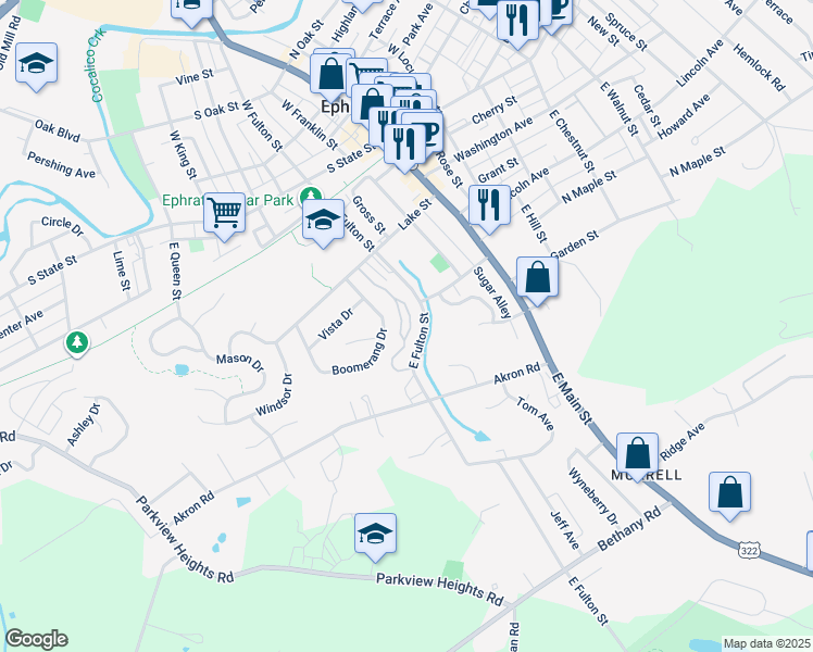 map of restaurants, bars, coffee shops, grocery stores, and more near 17 Westpointe Drive in Ephrata