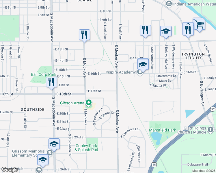 map of restaurants, bars, coffee shops, grocery stores, and more near 2312 E 18th St in Muncie