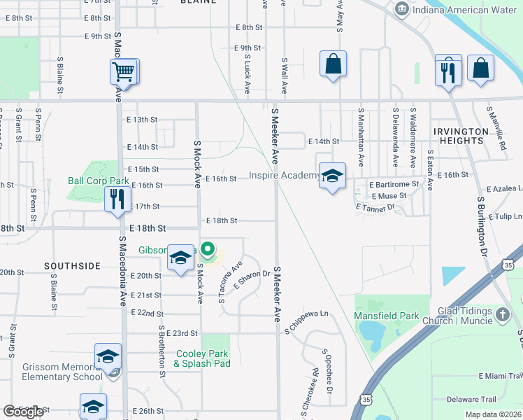 map of restaurants, bars, coffee shops, grocery stores, and more near 2312 E 18th St in Muncie