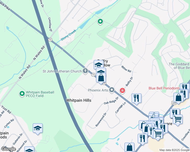 map of restaurants, bars, coffee shops, grocery stores, and more near 1790 Skippack Pike in Blue Bell