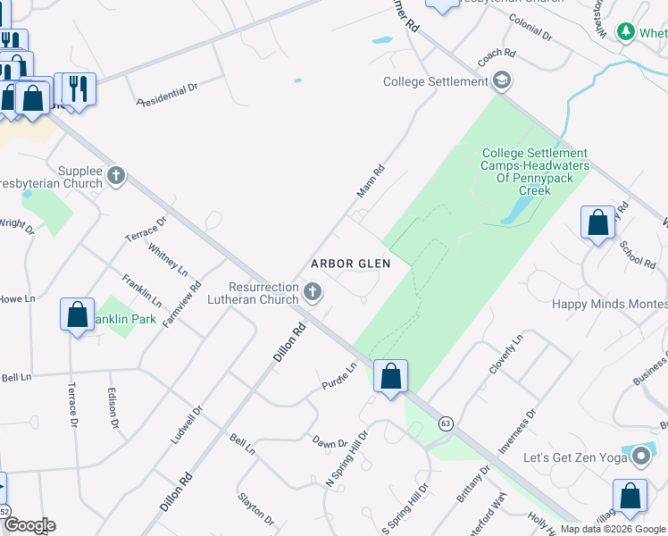 map of restaurants, bars, coffee shops, grocery stores, and more near 497 Anna Lynn Lane in Horsham