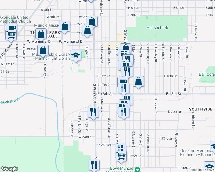 map of restaurants, bars, coffee shops, grocery stores, and more near 2401 South Jefferson Street in Muncie