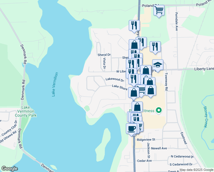 map of restaurants, bars, coffee shops, grocery stores, and more near 26 Lake Shore Drive in Danville